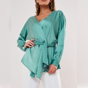 Blue Oversized Satin Tie Waist Blouse